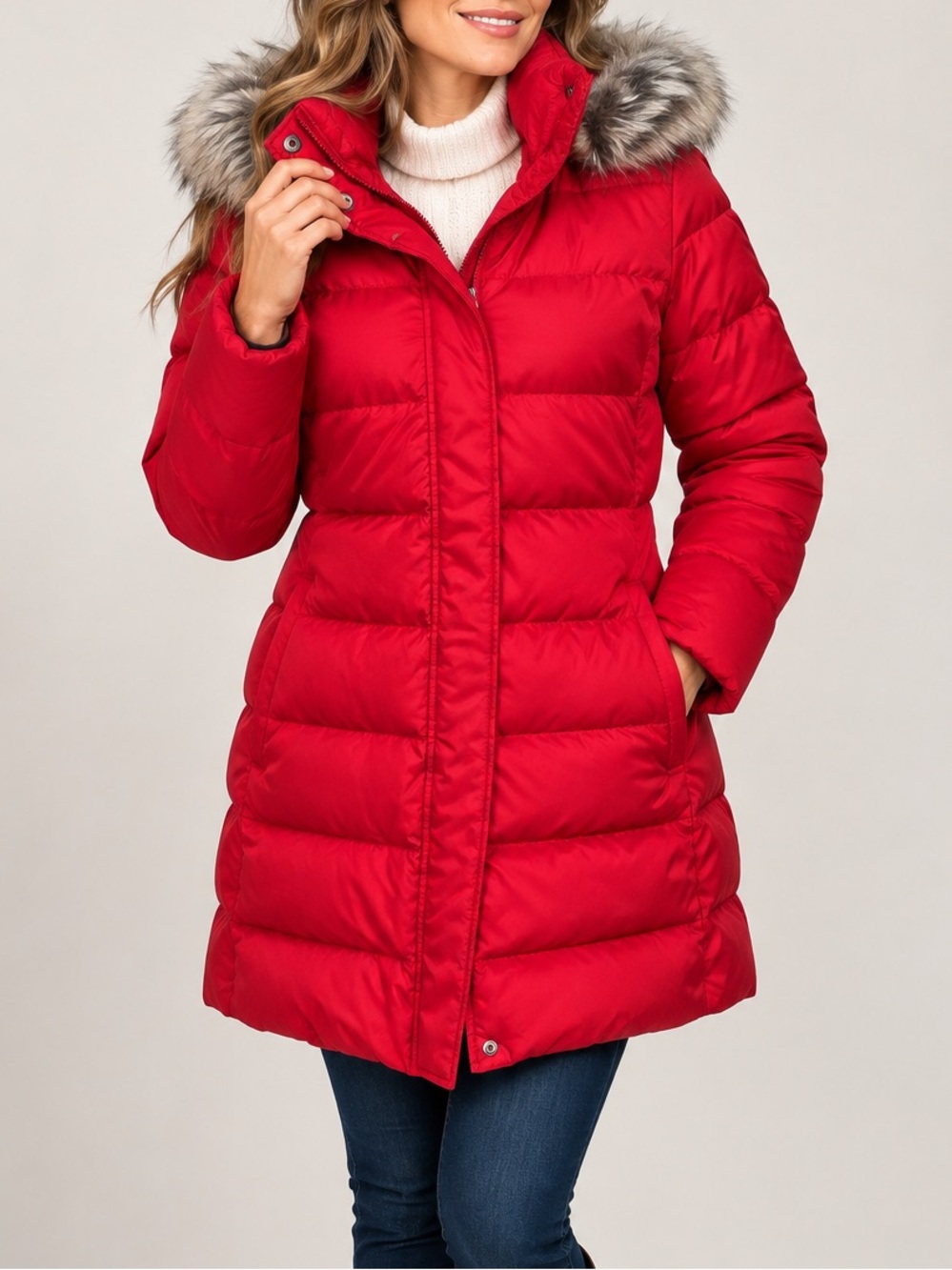 Lands’ End Red Puffer Coat Faux Fur Hood Long Winter Jacket XS 2-4